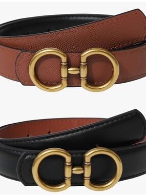 Reversible Black Cognac Belt Gold Double Ring Buckle 27 to 33